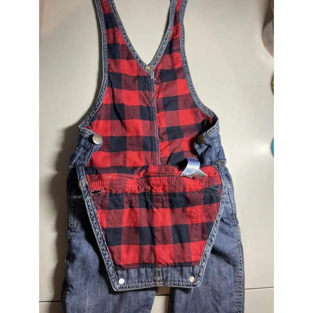 OshKosh B'gosh Plaid Overalls Kids 2T Dark Wash Flannel Lined Toddler Photos